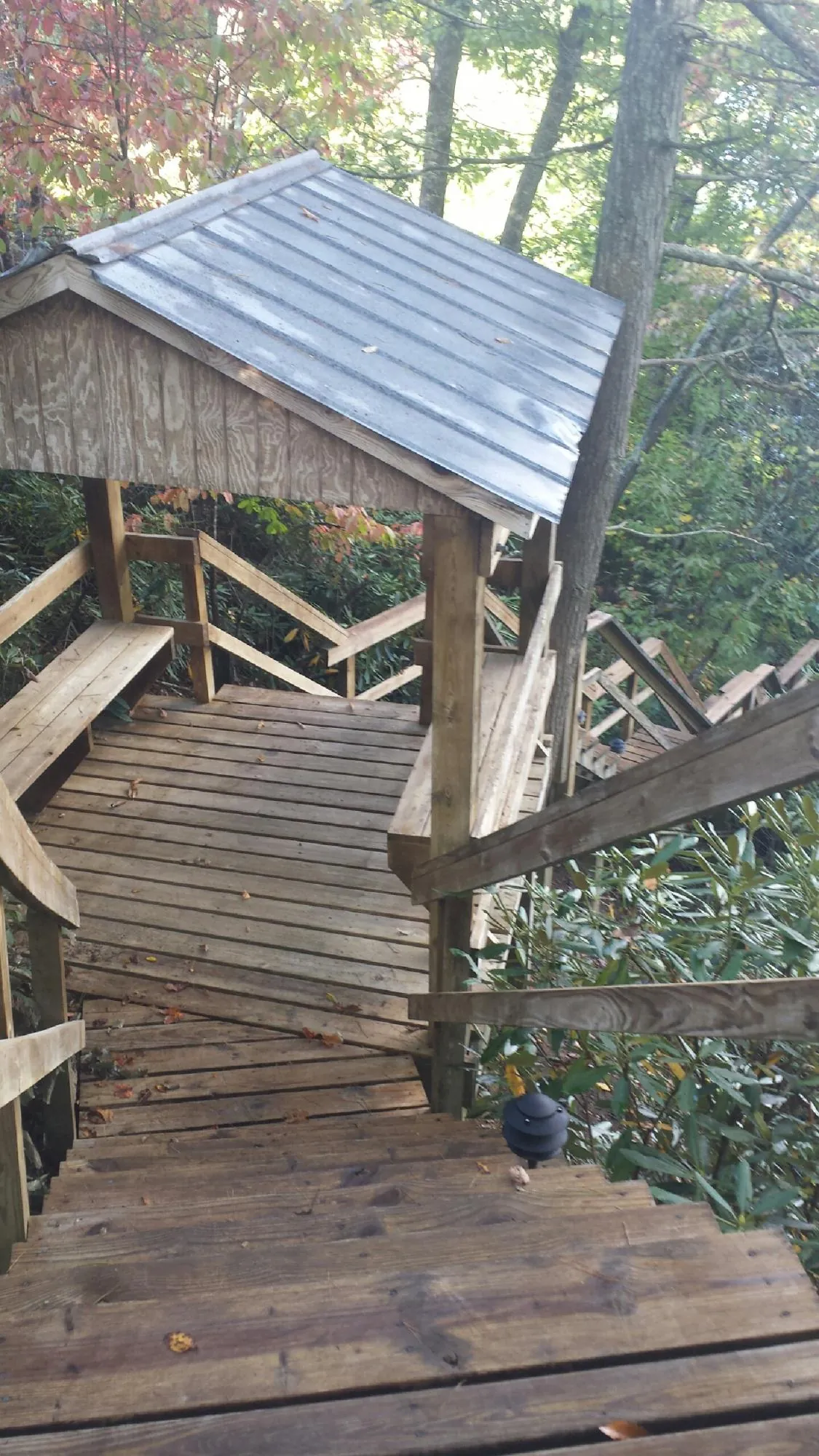 Metal roofed shelter over wooden steps on a wooded walkway — Skylight Repair & Installation work by our crew in Meansville